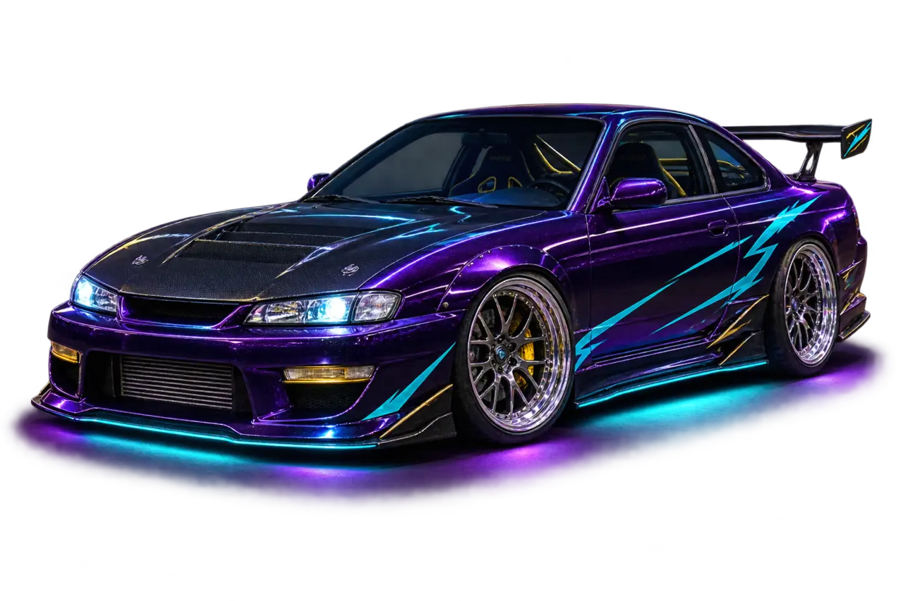 Customized purple performance coupe under cyan lighting